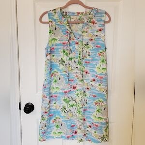 Chenault Tropical Flamingo Floral Print Sleeveless Midi Dress Beach Vacation L